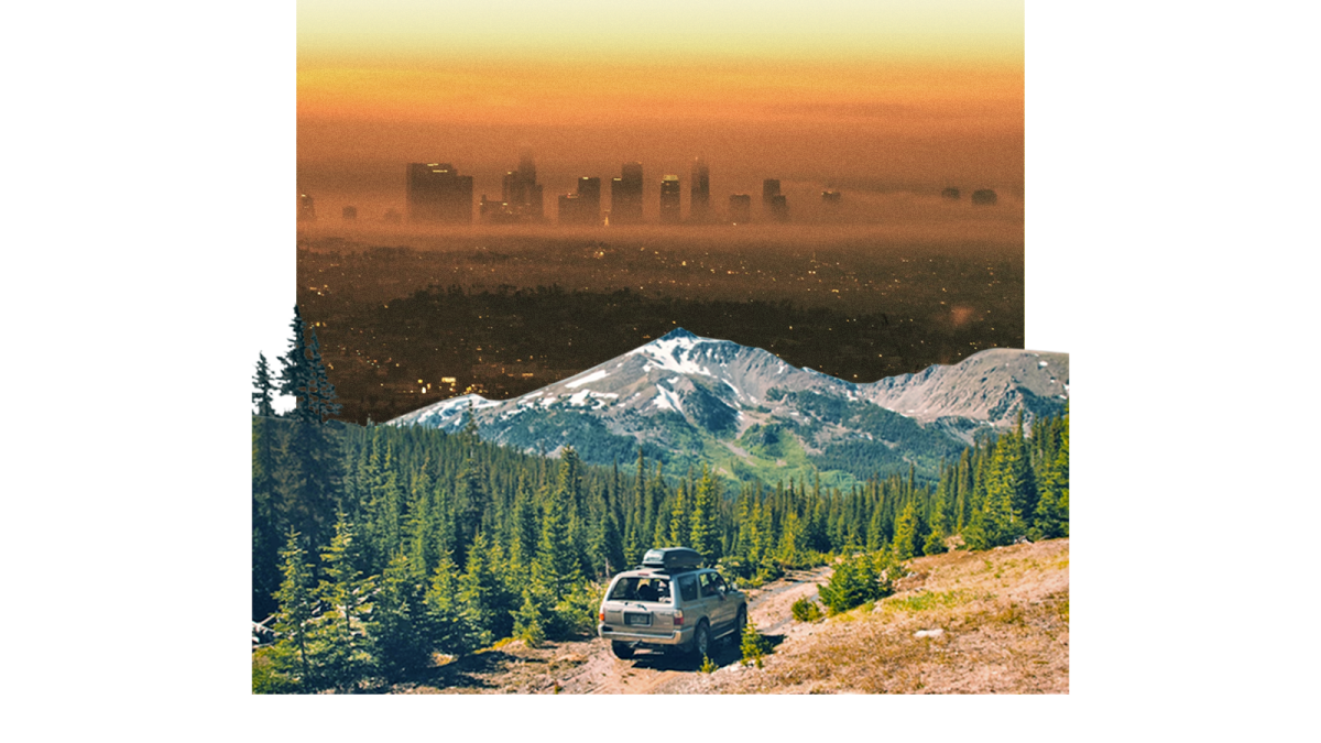 Collage: SUV driving in nature with trees and mountains in distance, with a photo of a smog covered city rising beyond the mountains