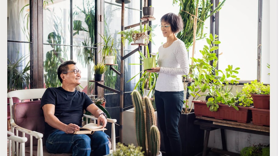 man and woman talking in sunroom with lots of plants