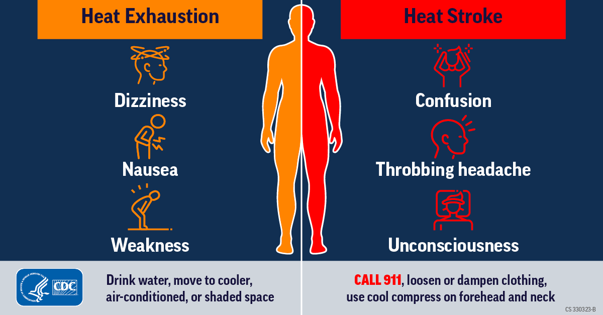 Graphic showing symptoms of heat exhaustion and heat stroke. Symptoms of heat exhaustion include dizziness, nausea, and weakness. People with heat exhaustion should drink water and move to cooler, air-conditioned, shaded spaces. Symptoms of heat stroke include confusion, throbbing headache, and unconsciousness. People with heat stroke should call 911, loosen or dampen clothing, and use a cool compress on the forehead and neck. 