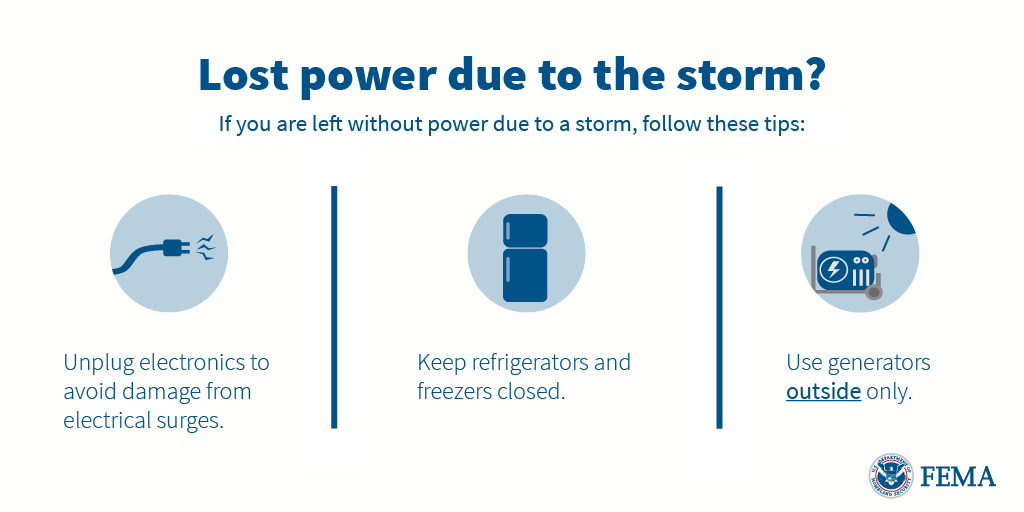 Lost power due to the storm? If you are left without power due to a storm, follow these tips: Unplug electronics to avoid damage from electrical surges, Keep refirgerators and freezers closed, use generators outside only. 