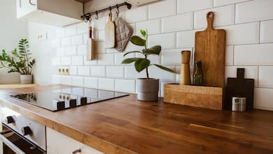A kitchen with a faux wood countertop