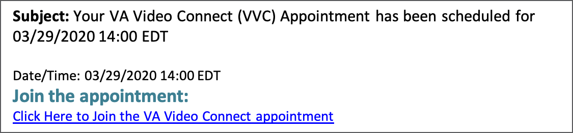 Screenshot of VA Video Connect email