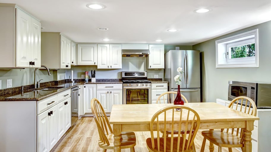 A basement space remodeled as a kitchen