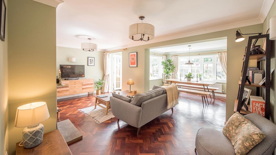 A bright living room / dining room open concept space