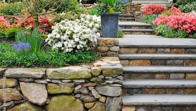 Beautiful Stone Wall And Steps, Colorful Garden, Curb Appeal