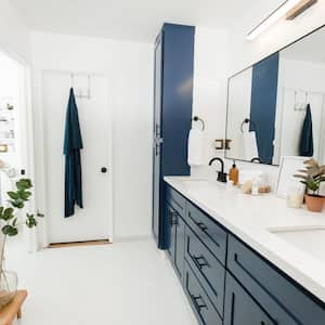 white bathroom with navy details