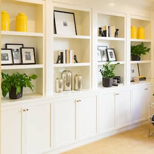 Warm room white bookshelves storage cabinets