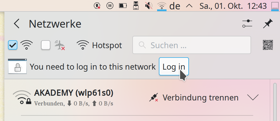 Plasma’s network Plasmoid with a new hint “You need to log in to this network”.