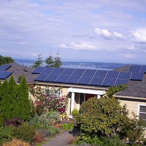 solar panels on roof surrounded by trees