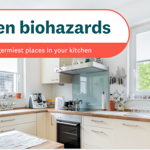 Kitchen biohazards, examining the germiest places in your kitchen, with a photo of an average kitchen