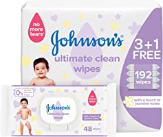 Johnson's Baby Wipes, Ultimate Clean, Formula Free of Alcohol, Parabens & Dyes, 3+1, 192 Wipes