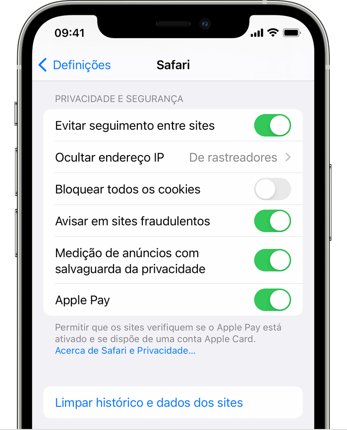 Definições do Safari no iPhone a mostrar a opção Limpar histórico e dados dos sites.