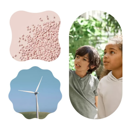 Collage of a Nest Thermostat, recycled materials, a windmill, and two kids learning about plants