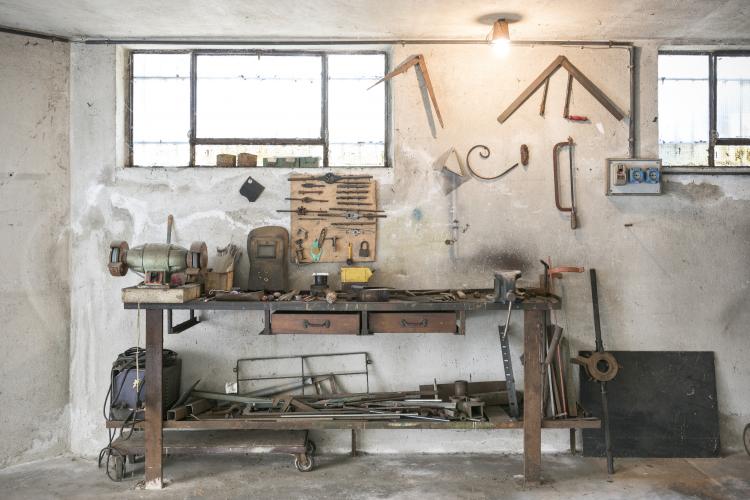 An old workbench in a basement.