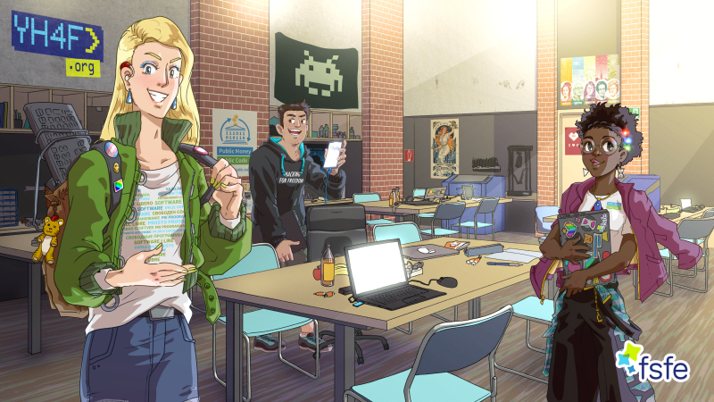 illustration of three teenagers in a hackerspace