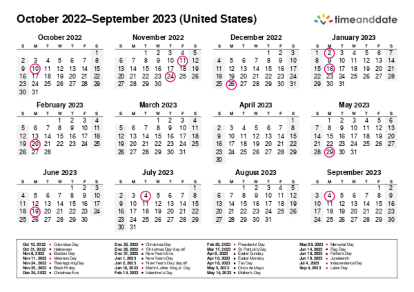 Calendar for 2022 in United States