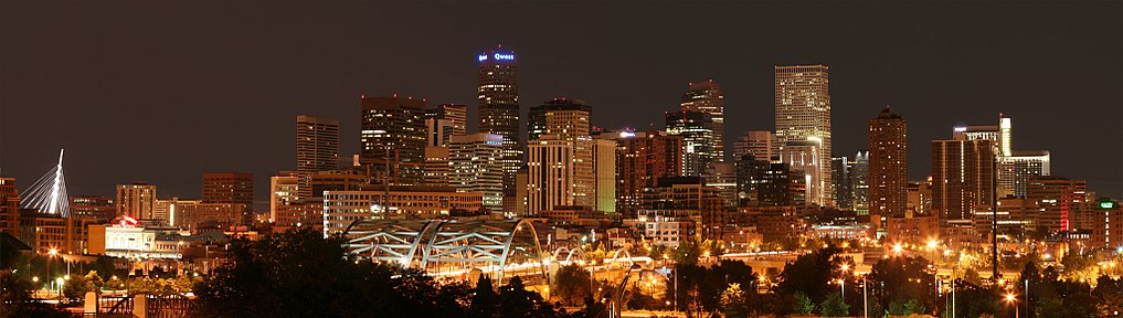 Photo of the evening skyline of downtown Denver