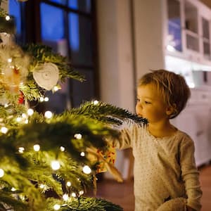 A child looks at a Christmas tree