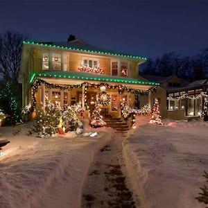 A view of christmas lights and decorations on a house