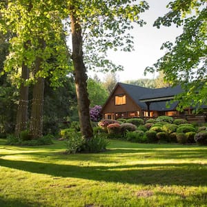 The facade of a house with lush gardens