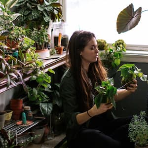 A woman taking care of her houseplants