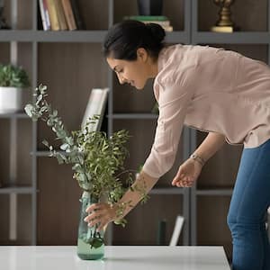 Woman places vase with greenery on coffee table