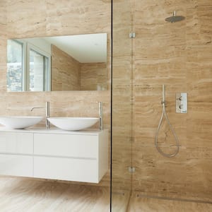 The interior of a modern minimal bathroom