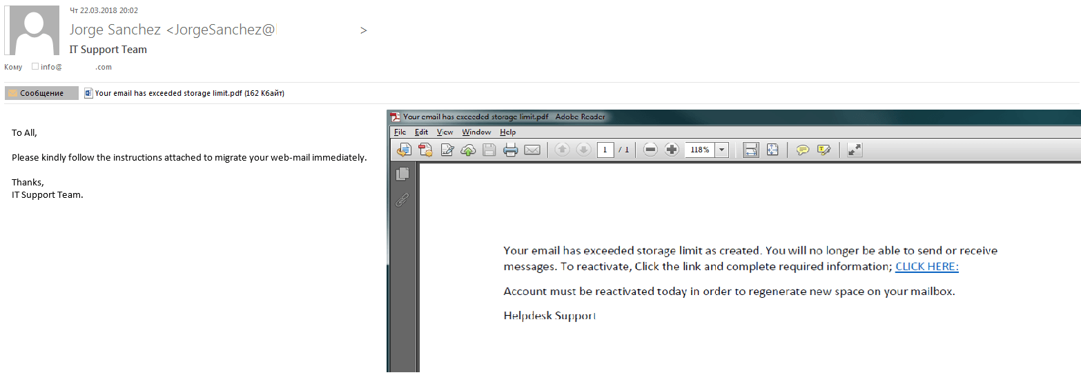 Example of a phishing letter with a PDF attachment