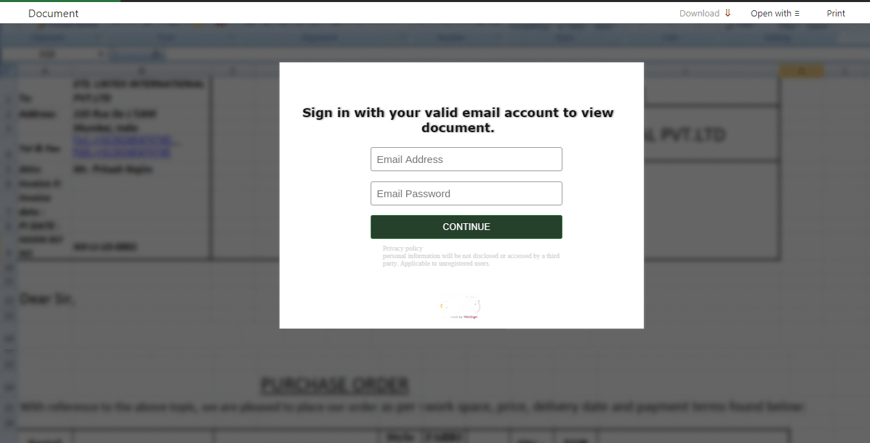 Example of a phishing website prompting the visitor to sign in to view a document