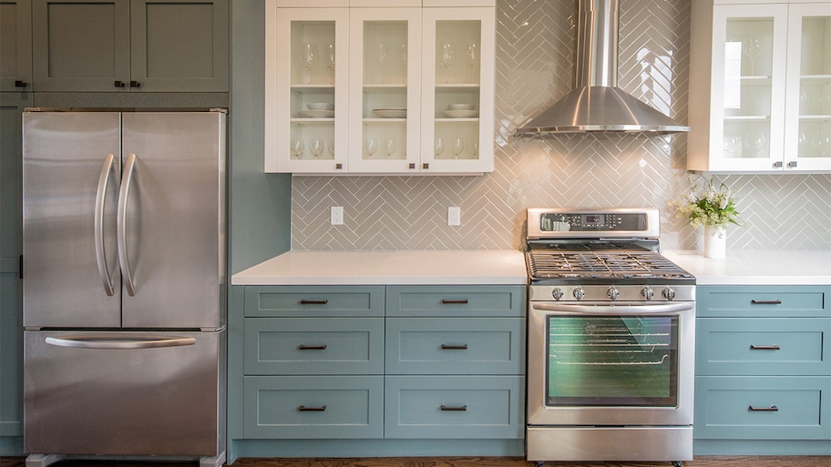 interior shot of teal kitchen