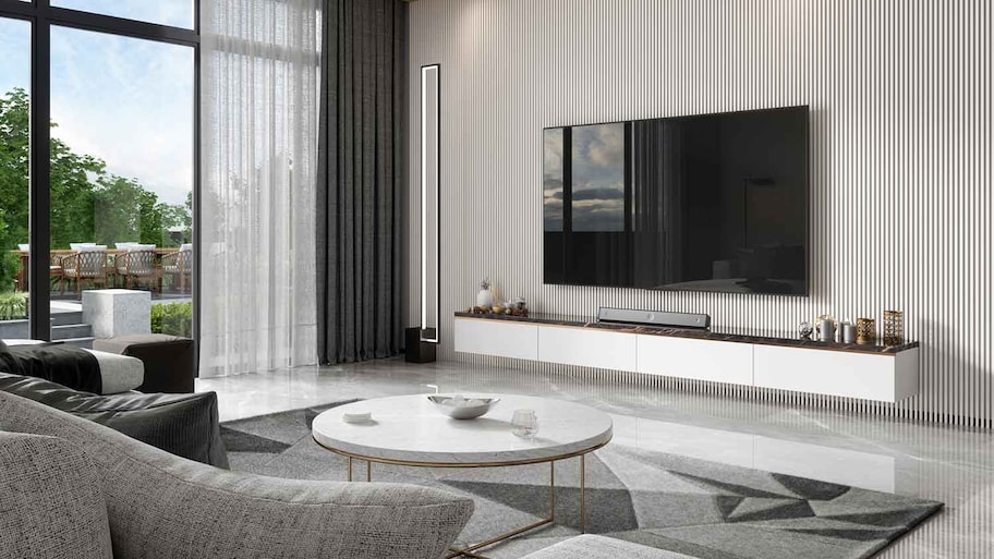 Modern living room interior with tv mounted on the wall