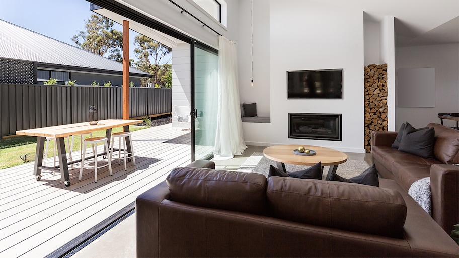 Interior living room with sliding doors to deck  