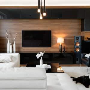 Modern living room with lights on
