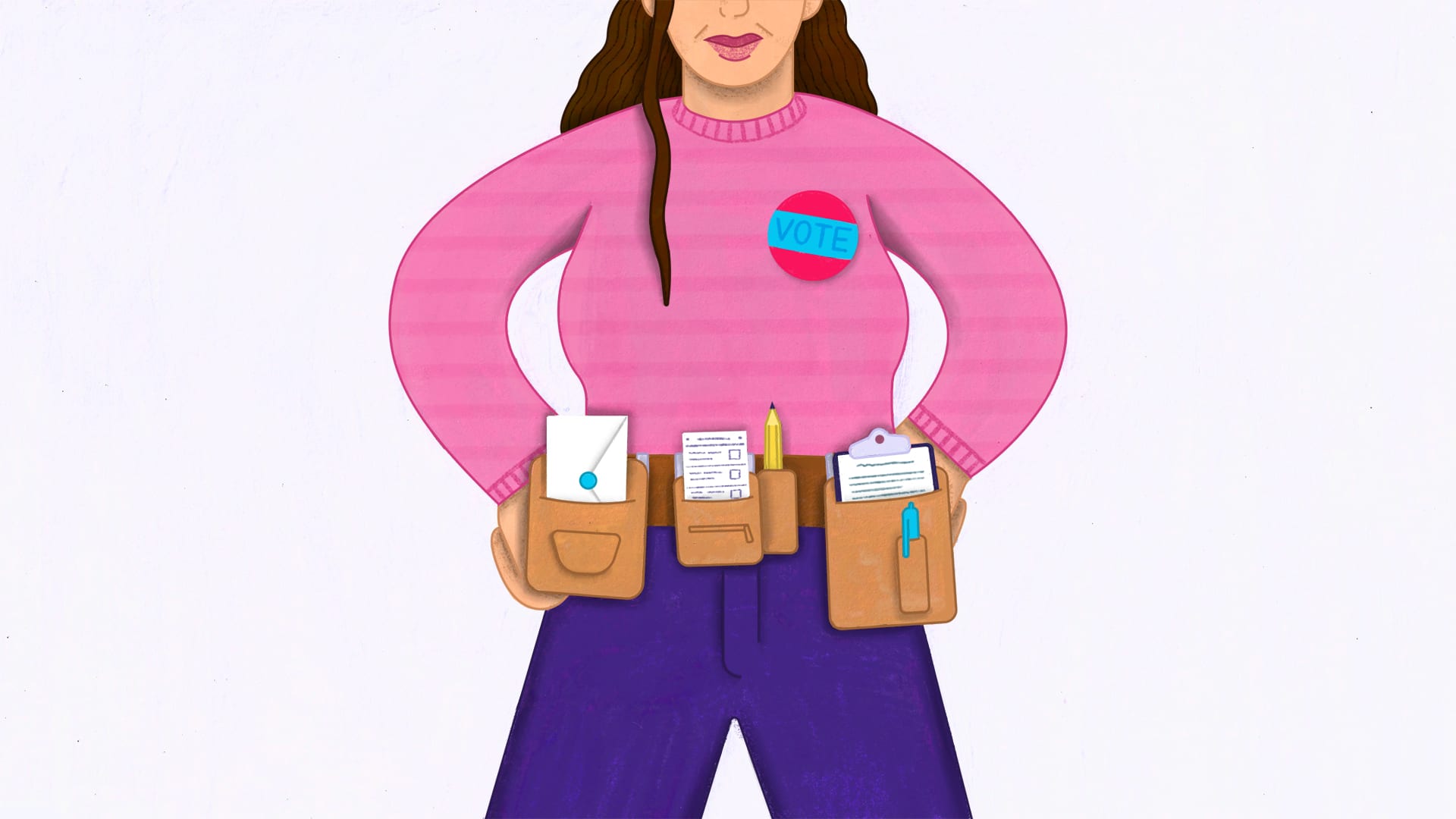 Illustration of a person wearing a toolbelt equipped with an envelope, pencil, ballot, pen and clipboard. 