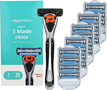 Amazon Basics 3-Blade MotionSphere Razor for Men with Dual Lubrication, Handle & 20 Cartridges (Cartridges fit Amazon Basics Razor Handles only) (Previously Solimo)