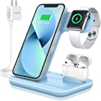 WAITIEE Wireless Charger 3 in 1, 15W Fast Charging Station for Apple iWatch 7/SE/6/5/4/3/2/1,AirPods Pro, Compatible with iPhone 13/12/12 Pro Max/11 Series/XS Max/XR/XS/X/8/8 Plus/Samsung Galaxy(Blue)