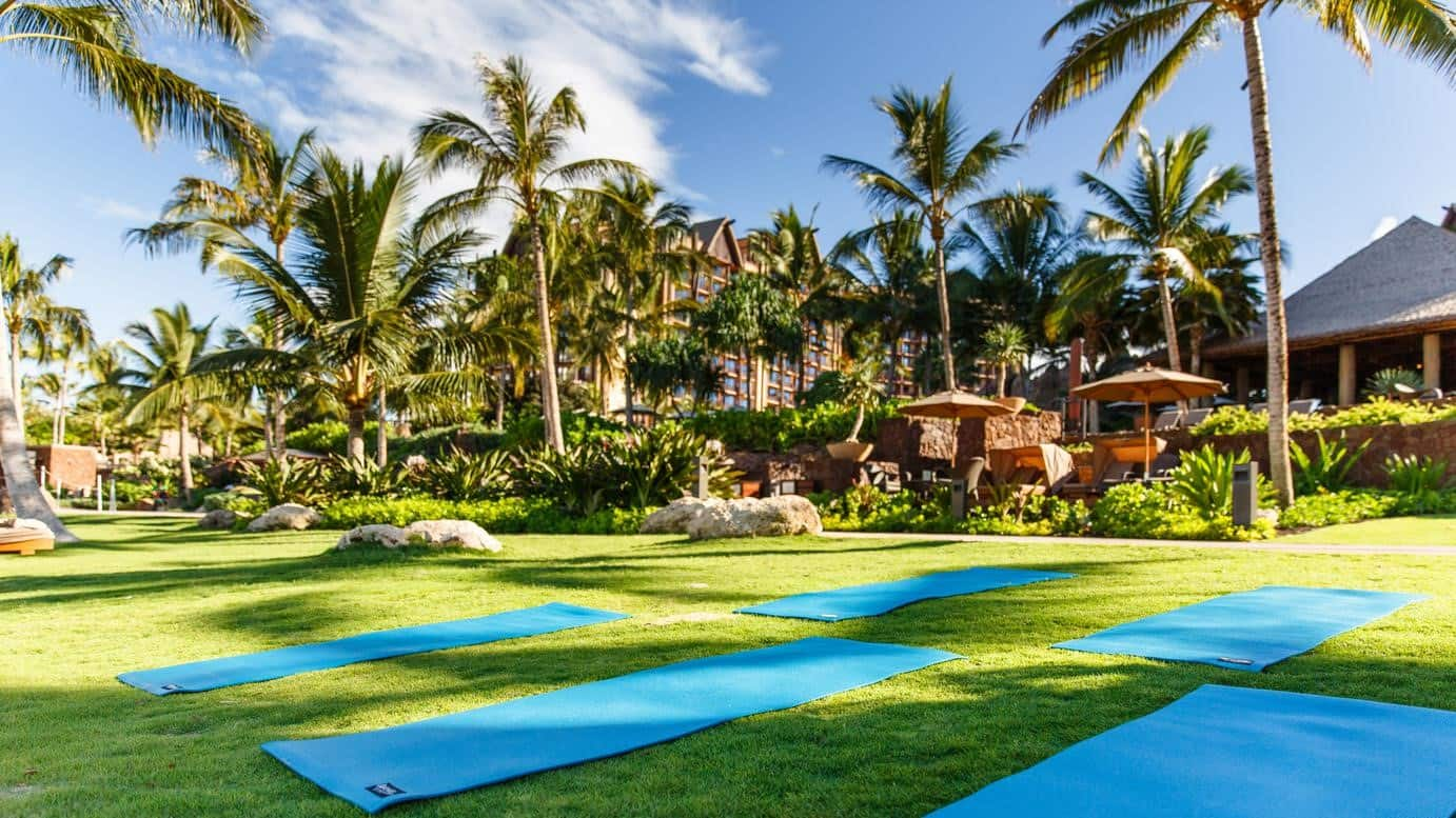 Several yoga mats on a grassy lawn at Aulani Resort