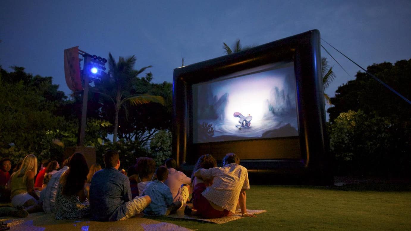A group of Guests sitting on a grassy lawn at night, watching a movie