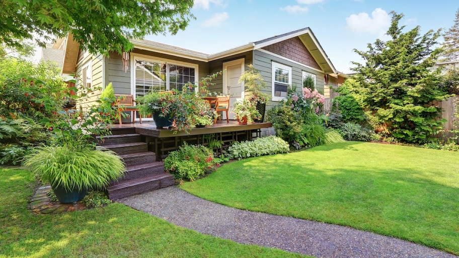 A backyard area with nicely trimmed garden