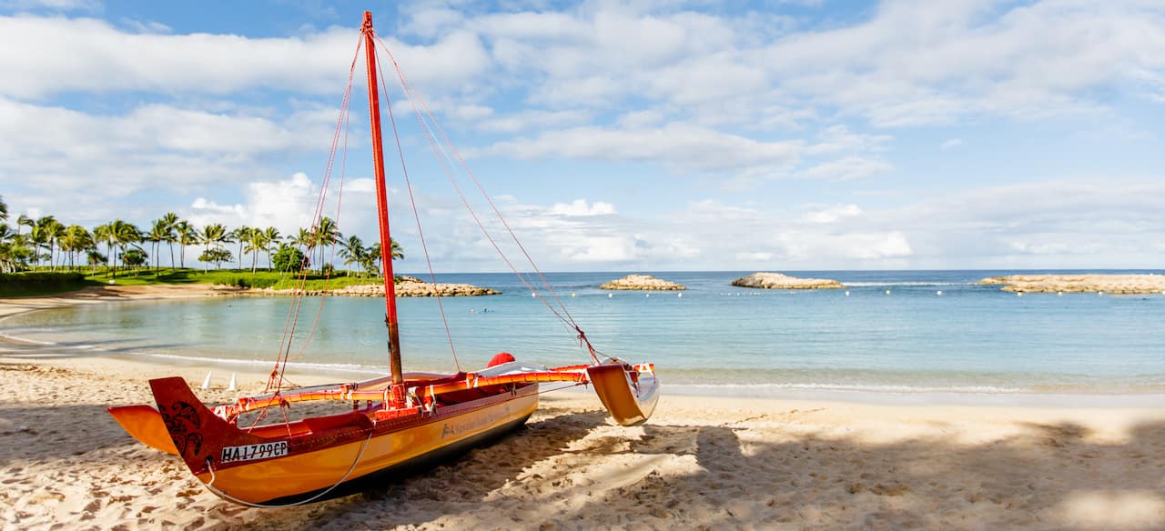 A sailing canoe on a sandy tropical beach, near the water's edge