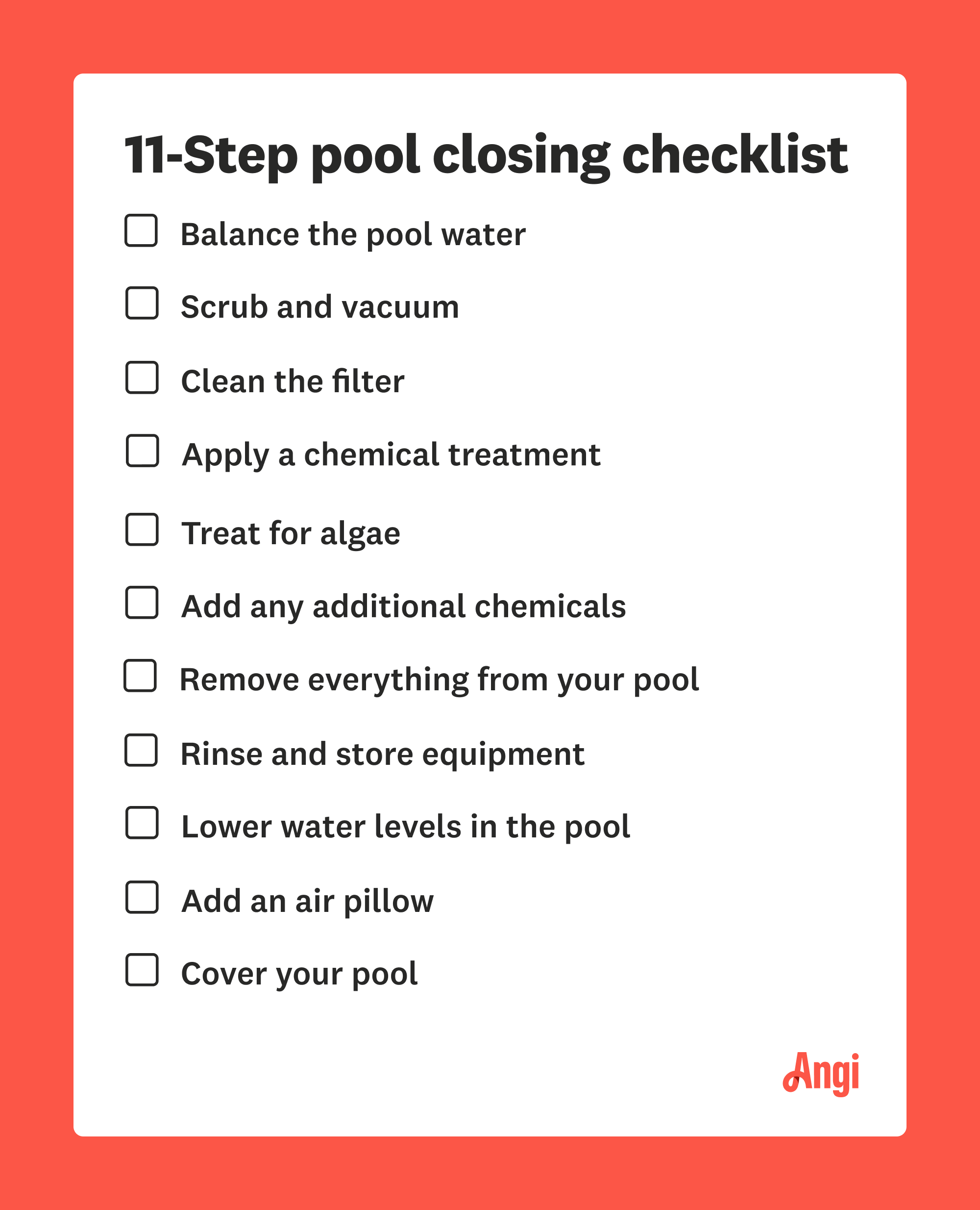 11-step pool closing checklist, including cleaning the filter and treating for algae