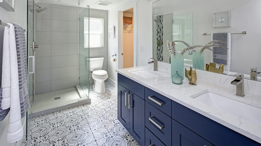 bathroom with black and white pattern tiles