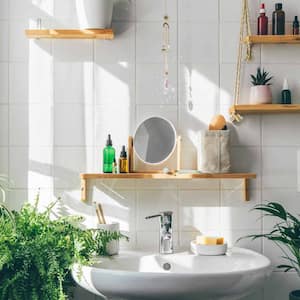 A bright white bathroom with lots of plants