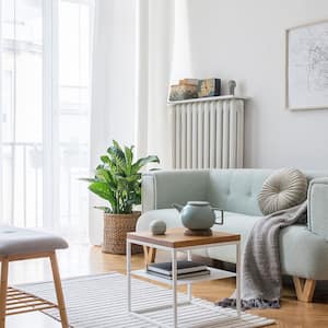 A view of a living room with white walls