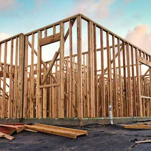 A view of the first floor of a house being framed