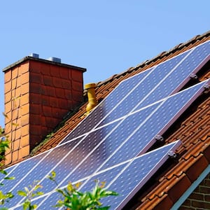 A house roof with solar panels