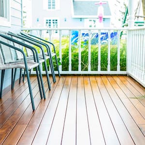 Hardwood deck with chairs and bright patio finishes