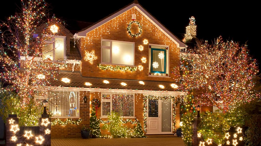 Exterior of a house decorated with Christmas lights