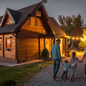  A happy family walking by their chalet in the evening