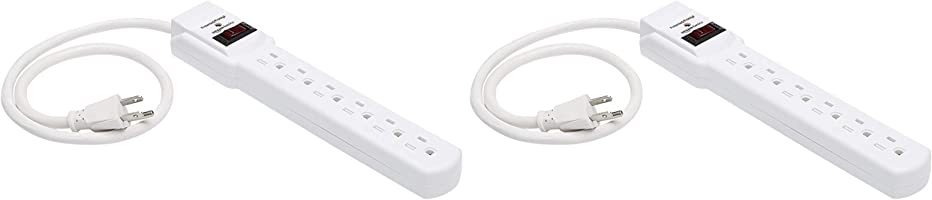 Amazon Basics 6-Outlet, 200 Joule Surge Protector Power Strip, 2 Foot, White - Pack of 2